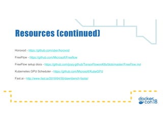Horovod - https://github.com/uber/horovod
FreeFlow - https://github.com/Microsoft/Freeflow
FreeFlow setup docs - https://github.com/joyq-github/TensorFlowonK8s/blob/master/FreeFlow.md
Kubernetes GPU Scheduler - https://github.com/Microsoft/KubeGPU
Fast.ai - http://www.fast.ai/2018/04/30/dawnbench-fastai/
Resources (continued)
 