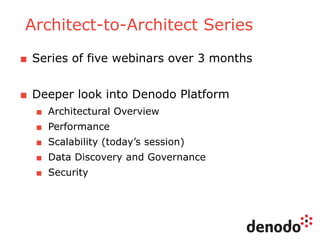 Architect-to-Architect Series
■ Series of five webinars over 3 months
■ Deeper look into Denodo Platform
■ Architectural Overview
■ Performance
■ Scalability (today’s session)
■ Data Discovery and Governance
■ Security
 
