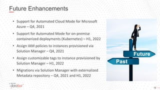 19
Future Enhancements
• Support for Automated Cloud Mode for Microsoft
Azure – Q4, 2021
• Support for Automated Mode for on-premise
containerized deployments (Kubernetes) – H1, 2022
• Assign IAM policies to instances provisioned via
Solution Manager – Q4, 2021
• Assign customizable tags to instance provisioned by
Solution Manager – H1, 2022
• Migrations via Solution Manager with externalized
Metadata repository – Q4, 2021 and H1, 2022
 