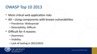 OWASP Top 10 2013
• Most critical web application risks
• A9 – Using components with known vulnerabilities
– Prevalence: Widespread
– Detectability: Difficult
• Difficult for 4 reasons
– Awareness
– Visibility
– Lack of tooling in 2012/2013
 
