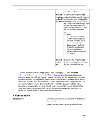 345
managed navigation.
Restrict
by current
and child
navigation
Search results will be limited to
content that is tagged with the term
of the current page (displayed as
the last part of the friendly URL),
and content that is tagged with sub-
terms of the current page. This
option is only meaningful for sites
that use managed navigation.
Note:
In a cross-site publishing
scenario, this selection will
only work when the result
source selected in the
Select a query section is
the catalog result source
that is created when a
publishing site is connected
to a catalog.
Restrict
on this
tag
Search results will be limited to
content that is tagged with the tag
that you type inside the box.
 To create your own query by using Keyword Query Language (KQL), click Switch to
Advanced Mode. For information about KQL, see Keyword Query Language (KQL) syntax
reference. When you configure the query in Advanced Mode, you can also use query variables.
Query variables are placeholders for values that change dynamically depending on the context
of the page when the page that contains the Content Search Web Part is being displayed. The
correct information is inserted dynamically from the context the query is sent to the index.
Examples of query variables are {User.Name}, which represents the name of the user who is
viewing the page, or {searchBoxQuery}, which represents the query that a user typed in a
search box. Select options as described in the following table:
Advanced Mode
Select a query Select a result source to specify which content should
be searched.
Default result source is Local SharePoint Results
 