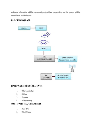 and those information will be transmitted to the zigbee transreceiver and the process will be
shown in the block diagram.

BLOCK DIAGRAM

HARDWARE REQUIREMENTS
1.

Microcontroller

2.

Zigbee

3.

Sensors

4.

Power supply

SOFTWARE REQUIREMENTS
1.

Keil IDE

2.

Flash Magic

 