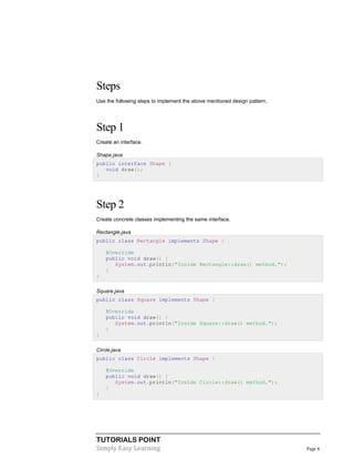 Steps
Use the following steps to implement the above mentioned design pattern.

Step 1
Create an interface.
Shape.java
public interface Shape {
void draw();
}

Step 2
Create concrete classes implementing the same interface.
Rectangle.java
public class Rectangle implements Shape {
@Override
public void draw() {
System.out.println("Inside Rectangle::draw() method.");
}
}
Square.java
public class Square implements Shape {
@Override
public void draw() {
System.out.println("Inside Square::draw() method.");
}
}
Circle.java
public class Circle implements Shape {
@Override
public void draw() {
System.out.println("Inside Circle::draw() method.");
}
}

TUTORIALS POINT
Simply Easy Learning

Page 4

 