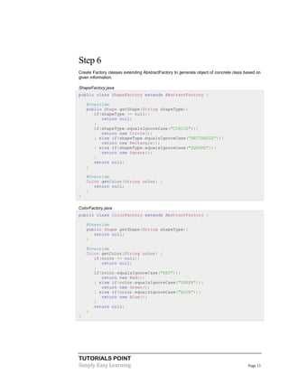 Step 6
Create Factory classes extending AbstractFactory to generate object of concrete class based on
given information.
ShapeFactory.java
public class ShapeFactory extends AbstractFactory {
@Override
public Shape getShape(String shapeType){
if(shapeType == null){
return null;
}
if(shapeType.equalsIgnoreCase("CIRCLE")){
return new Circle();
} else if(shapeType.equalsIgnoreCase("RECTANGLE")){
return new Rectangle();
} else if(shapeType.equalsIgnoreCase("SQUARE")){
return new Square();
}
return null;
}
@Override
Color getColor(String color) {
return null;
}
}
ColorFactory.java
public class ColorFactory extends AbstractFactory {
@Override
public Shape getShape(String shapeType){
return null;
}
@Override
Color getColor(String color) {
if(color == null){
return null;
}
if(color.equalsIgnoreCase("RED")){
return new Red();
} else if(color.equalsIgnoreCase("GREEN")){
return new Green();
} else if(color.equalsIgnoreCase("BLUE")){
return new Blue();
}
return null;
}
}

TUTORIALS POINT
Simply Easy Learning

Page 11

 