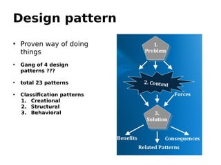 Design pattern
• Proven way of doing
things
• Gang of 4 design
patterns ???
• total 23 patterns
• Classification patterns
1. Creational
2. Structural
3. Behavioral
 