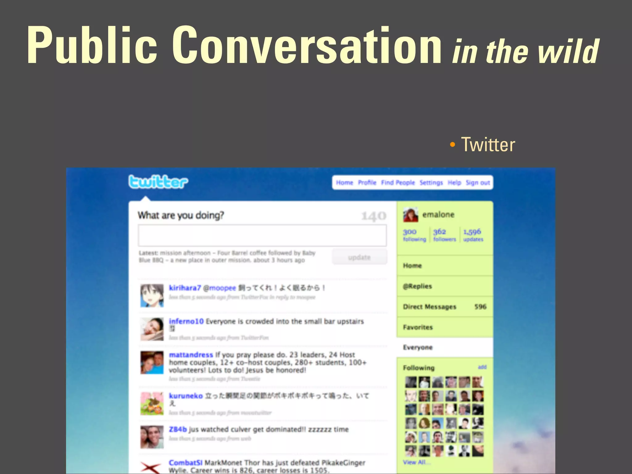 Public Conversation in the wild
                       •   Twitter
 
