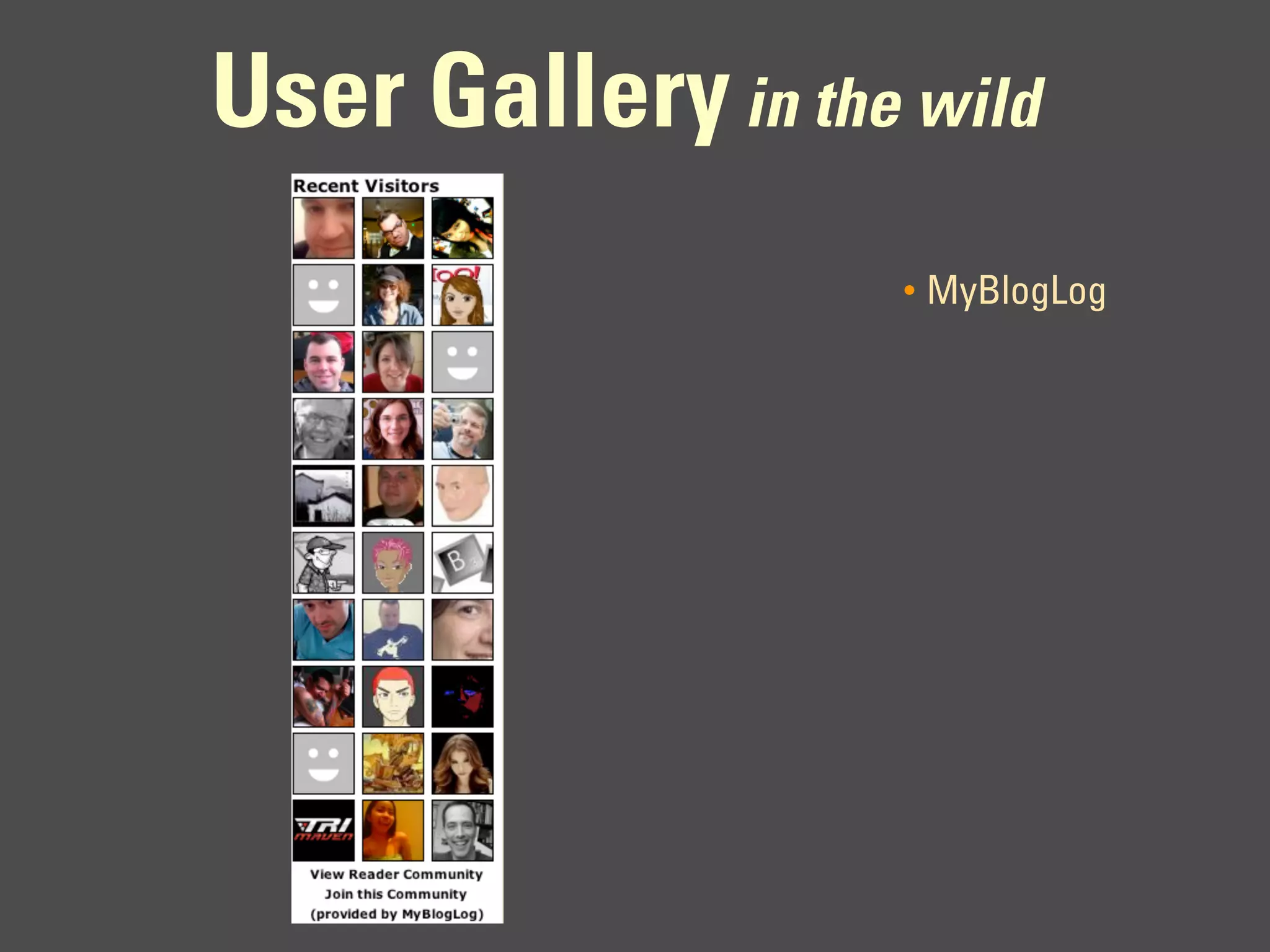 User Gallery in the wild
                    •   MyBlogLog
 