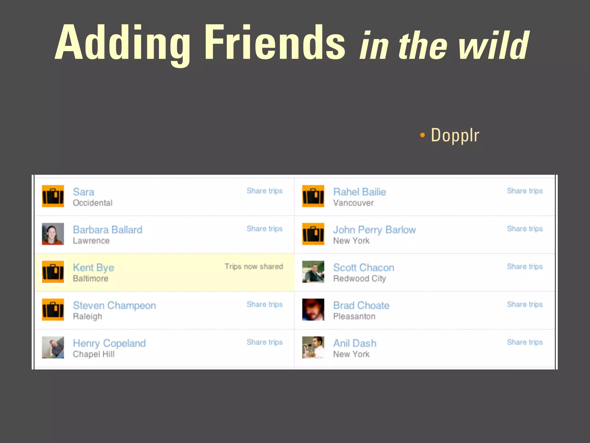 Adding Friends in the wild
                    •   Dopplr
 