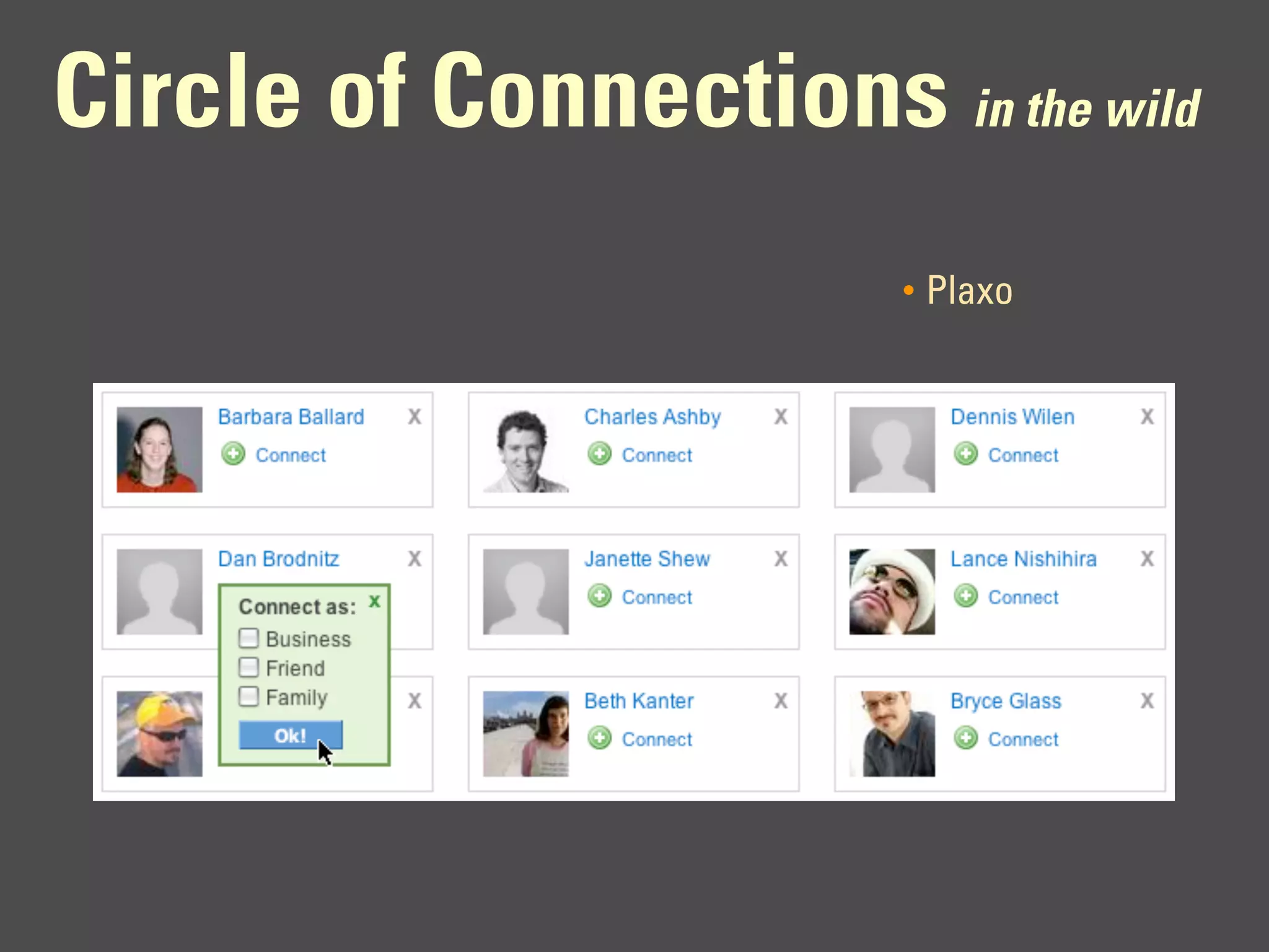 Circle of Connections in the wild
                        •   Plaxo
 