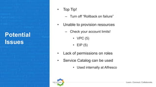 Learn. Connect. Collaborate.
Potential
Issues
• Top Tip!
– Turn off “Rollback on failure”
• Unable to provision resources
– Check your account limits!
• VPC (5)
• EIP (5)
• Lack of permissions on roles
• Service Catalog can be used
• Used internally at Alfresco
 