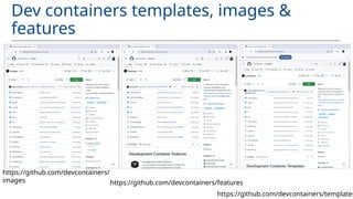 Dev containers templates, images &
features
https://github.com/devcontainers/features
https://github.com/devcontainers/
images
https://github.com/devcontainers/templates
 