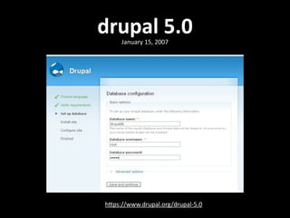 drupal  5.0
hNps://www.drupal.org/drupal-­‐5.0
January  15,  2007
 