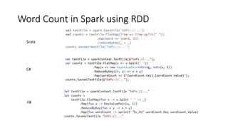 Word Count in Spark using RDD
C#
Scala
F#
 