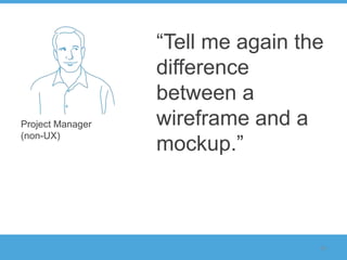 “Tell me again the
                  difference
                  between a
Project Manager   wireframe and a
                  mockup.”
(non-UX)




                                   30
 