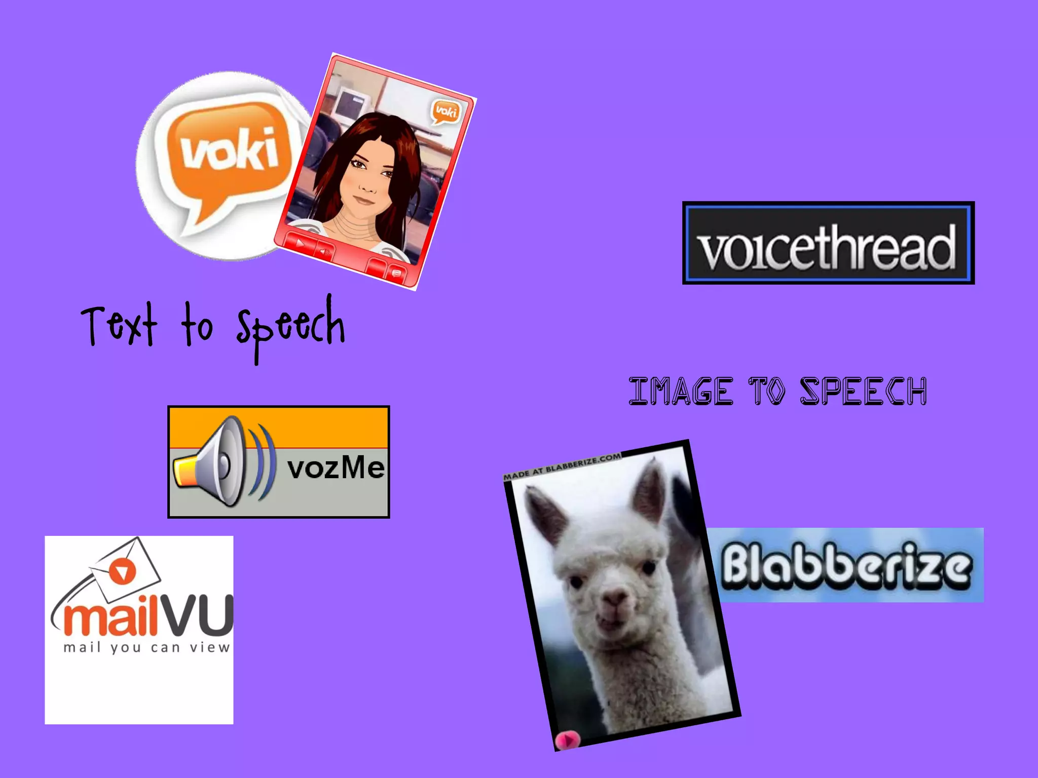 Text to speech
                 Image to speech
 