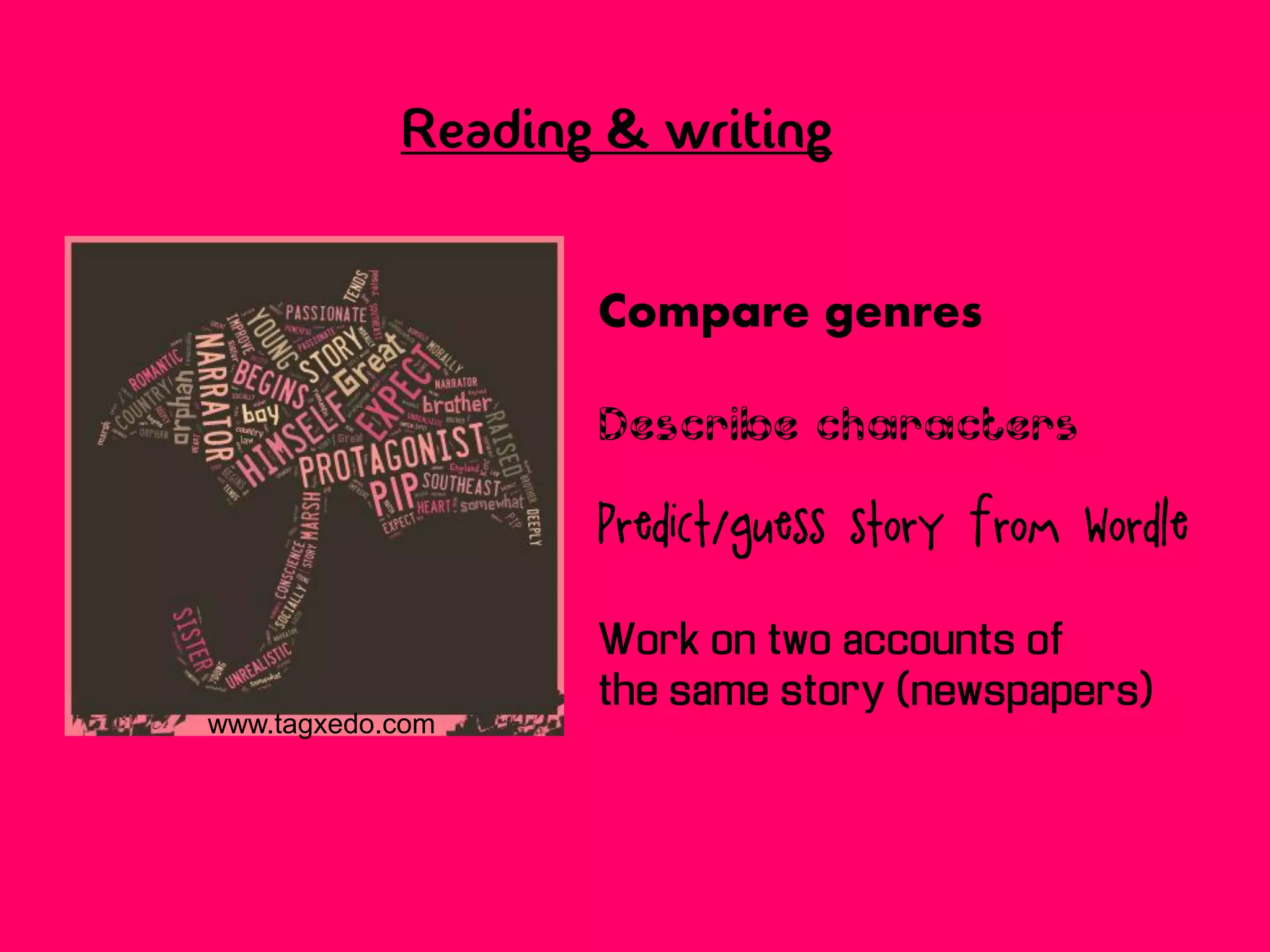 Reading & writing


                   Compare genres

                   Describe characters

                   Predict/guess story from Wordle

                   Work on two accounts of
                   the same story (newspapers)
www.tagxedo.com
 