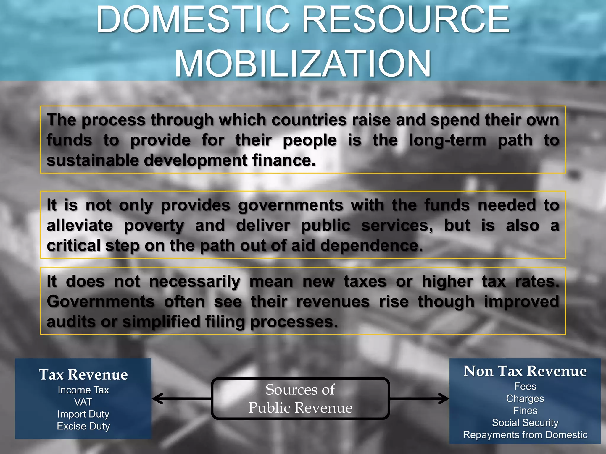 The process through which countries raise and spend their own
funds to provide for their people is the long-term path to
sustainable development finance.
It is not only provides governments with the funds needed to
alleviate poverty and deliver public services, but is also a
critical step on the path out of aid dependence.
It does not necessarily mean new taxes or higher tax rates.
Governments often see their revenues rise though improved
audits or simplified filing processes.
Tax Revenue
Income Tax
VAT
Import Duty
Excise Duty
Sources of
Public Revenue
Non Tax Revenue
Fees
Charges
Fines
Social Security
Repayments from Domestic
DOMESTIC RESOURCE
MOBILIZATION
 