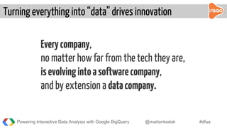 Everycompany,
no matter how far from the tech they are,
isevolvingintoasoftwarecompany,
and by extension a datacompany.
Turning everything into “data” drives innovation
Powering Interactive Data Analysis with Google BigQuery @martonkodok #dfua
 