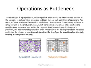 Operations as Bottleneck
The advantages of Agile processes, including Scrum and Kanban, are often nullified because of
the obstacles to collaboration, processes, and tools that are built up in front of operations. As a
result, software is released frequently but only in test environments. Consequently, software is
rarely brought to the production phase, which transforms a new release into a solution and
provides value to the end user and to the customer. In other words, not all releases are
produced, and deployment to production often happens after the development team has coded
and tested the release. In sum, the cycle time (i.e., the time from the inception of an idea to its
delivery to users) is still too long.
http://blogs.digits.com 14
 