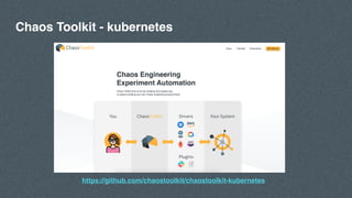 https://github.com/chaostoolkit/chaostoolkit-kubernetes
Chaos Toolkit - kubernetes
 