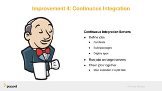 Improvement 4: Continuous Integration
Continuous Integration Servers
● Define jobs
● Run tests
● Build packages
● Deploy apps
● Run jobs on target servers
● Chain jobs together
● Stop execution if a job fails
Practical DevOps
 