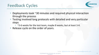 © COPYRIGHT 2016 COVEROS, INC. ALL RIGHTS 9
Feedback Cycles
• Deployments took ~30 minutes and required physical interaction
through the process
• Testing involved long protocols with detailed and very particular
steps
• ~5-6 weeks for the test team, maybe 8 weeks, but at least 3-4.
• Release cycle on the order of years.
twitter: @arjuncomar email: arjun.comar@coveros.com
 
