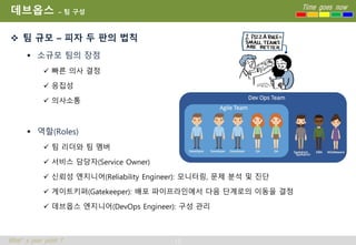 12
Time goes now
What’s your point ?
데브옵스 – 팀 구성
 팀 규모 – 피자 두 판의 법칙
 소규모 팀의 장점
 빠른 의사 결정
 응집성
 의사소통
 역할(Roles)
 팀 리더와 팀 멤버
 서비스 담당자(Service Owner)
 신뢰성 엔지니어(Reliability Engineer): 모니터링, 문제 분석 및 진단
 게이트키퍼(Gatekeeper): 배포 파이프라인에서 다음 단계로의 이동을 결정
 데브옵스 엔지니어(DevOps Engineer): 구성 관리
 