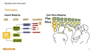 20
Techniques
Quality from the start
Impact Mapping User Story Mapping
 