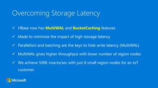 Overcoming Storage Latency
 HBase now has MultiWAL and BucketCaching features
 Made to minimize the impact of high storage latency
 Parallelism and batching are the keys to hide write latency (MultiWAL)
 MultiWAL gives higher throughput with lower number of region nodes
 We achieve 500K inserts/sec with just 8 small region nodes for an IoT
customer
29
 
