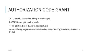 AUTHORIZATION CODE GRANT
GET /oauth/authorize #Login to the app
SUCCESS you get back a code
HTTP 302 redirect back to redirect_uri
https://fancy.mysite.com/oidc?code=SplxlOBeZQQYbYS6WxSbIA&stat
e=xyz
9/24/2017 38
 
