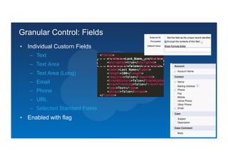 Granular Control: Fields
▪  Individual Custom Fields
–  Text
–  Text Area
–  Text Area (Long)
–  Email
–  Phone
–  URL
–  Selected Standard Fields
▪  Enabled with flag
 