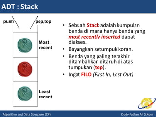 ADT : Stack
Algorithm and Data Structure (C#) Dudy Fathan Ali S.Kom
• Sebuah Stack adalah kumpulan
benda di mana hanya benda yang
most recently inserted dapat
diakses.
• Bayangkan setumpuk koran.
• Benda yang paling terakhir
ditambahkan ditaruh di atas
tumpukan (top).
• Ingat FILO (First In, Last Out)
Least
recent
Most
recent
push pop,top
 
