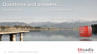 Questions and answers …
Daniel Hillinger
Tel. +49 89 992 759 333
Daniel.Hillinger@Trivadis.com
9/26/2018 Infrastructure as Code on Azure33
Jonas Wanninger
Tel. +49 89 992 759 324
Jonas.Wanninger@Trivadis.com
 