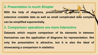 2. Presentation is much Simpler
With the help of diagrams, presentation of extreme values –
extensive unstable data as well as small complicated data complex
can be simplified exponentially.
3. Comparison operations are more Interactive
Datasets which require comparison of its elements in between
themselves use the application of diagrams for representation. Not
only the presentation is attractive, but it is also the ideal of
showcasing a comparison in statistics.
 