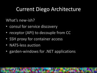 Current Diego Architecture
What’s new-ish?
• consul for service discovery
• receptor (API) to decouple from CC
• SSH proxy for container access
• NATS-less auction
• garden-windows for .NET applications
 