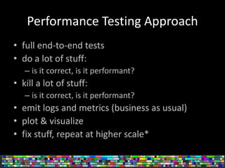 Performance Testing Approach
• full end-to-end tests
• do a lot of stuff:
– is it correct, is it performant?
• kill a lot of stuff:
– is it correct, is it performant?
• emit logs and metrics (business as usual)
• plot & visualize
• fix stuff, repeat at higher scale*
 