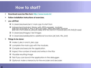 40
How to start?
 Download exercise files form http://www.icorsi.ch/
 Follow installation instructions of exercises.
 you will find:
 In /exercises/exercise1/: main.cpp to start from
 In/exercises/modules/: library with JPEG encoder modules
{r2b,dct,quantize,zz_enc,rl_enc}.{h,cpp}, JPEG decoder modules
{b2r,idct,normalize,zz_dec}.{h,cpp} and test bench modules {src,snk,test}.{h,cpp}
 In /exercises/images/: test images
 In /exercises/add2systemc additional functions (df_fork, fifo_stat)
 Things to be done:
 make rl_dec.h and rl_dec.cpp
 complete the main.cpp with the modules.
 Compile and execute the application.
 Inspect the number of reads and writes in the fifos
 Visualize resulting image
 Test if you can launch the application in the debugger.
 Optional: make a hierarchy for the encoder and decoder.
 
