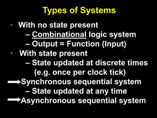 Types of Systems
• With no state present
– Combinational logic system
– Output = Function (Input)
• With state present
– State updated at discrete times
(e.g. once per clock tick)
Synchronous sequential system
– State updated at any time
Asynchronous sequential system
 