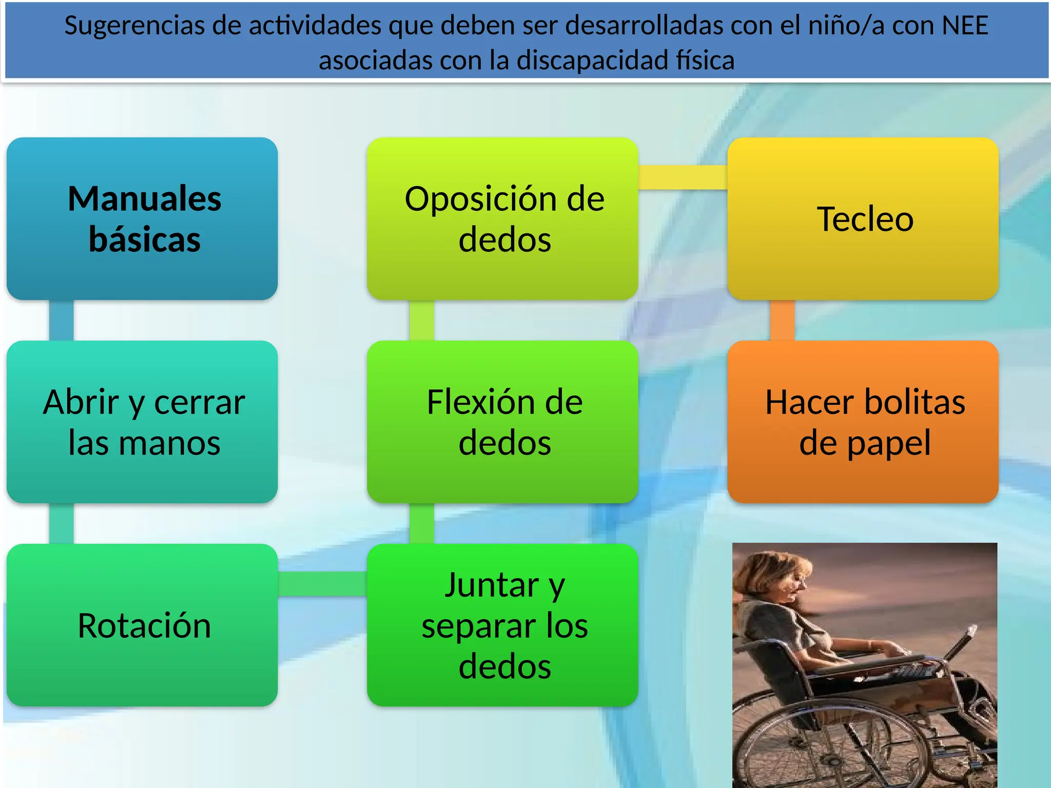 Sugerencias de actividades que deben ser desarrolladas con el niño/a con NEE
asociadas con la discapacidad física
Manuales
básicas
Abrir y cerrar
las manos
Rotación
Juntar y
separar los
dedos
Flexión de
dedos
Oposición de
dedos
Tecleo
Hacer bolitas
de papel
 