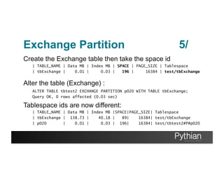 Exchange Partition
Create the Exchange table then take the space id
| TABLE_NAME | Data MB | Index MB | SPACE | PAGE_SIZE | Tablespace
| tbExchange | 0.01 | 0.03 | 196 | 16384 | test/tbExchange
Alter the table (Exchange) :
ALTER TABLE tbtest2 EXCHANGE PARTITION p020 WITH TABLE tbExchange;
Query OK, 0 rows affected (0.03 sec)
Tablespace ids are now different:
| TABLE_NAME | Data MB | Index MB |SPACE|PAGE_SIZE| Tablespace
| tbExchange | 138.73 | 40.18 | 89| 16384| test/tbExchange
| p020 | 0.01 | 0.03 | 196| 16384| test/tbtest2#P#p020
5/
 