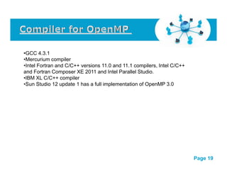 •GCC 4.3.1 
•Mercurium compiler 
•Intel Fortran and C/C++ versions 11.0 and 11.1 compilers, Intel C/C++ 
and Fortran Composer XE 2011 and Intel Parallel Studio. 
•IBM XL C/C++ compiler 
•Sun Studio 12 update 1 has a full implementation of OpenMP 3.0 
Click here to download this powerpoint template : Human Computers Network Free Powerpoint Template 
For more : Powerpoint Backgrounds 
Page 19 
 