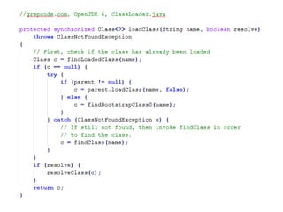 Takes classname
(i.e. com.konasl.test.Welcome)
Find the bytecode data
associated with this classname
Use defineClass() to decode
raw bytecode into Class
Use resolveClass() to resolve
the other referenced classes
Return the Class
Find in super classloaders for
this class
Find in self cache for this class
Put the Class in self cache
Simple Class Loading Procedure (cont.)
 