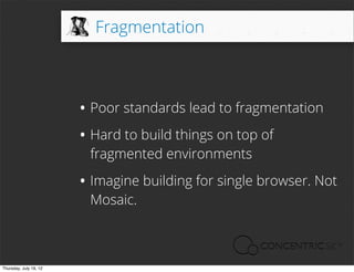 Fragmentation




                        • Poor standards lead to fragmentation
                        • Hard to build things on top of
                         fragmented environments

                        • Imagine building for single browser. Not
                         Mosaic.



Thursday, July 19, 12
 
