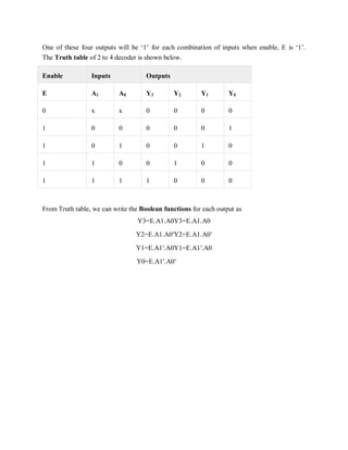 One of these four outputs will be „1‟ for each combination of inputs when enable, E is „1‟.
The Truth table of 2 to 4 decoder is shown below.
Enable Inputs Outputs
E A1 A0 Y3 Y2 Y1 Y0
0 x x 0 0 0 0
1 0 0 0 0 0 1
1 0 1 0 0 1 0
1 1 0 0 1 0 0
1 1 1 1 0 0 0
From Truth table, we can write the Boolean functions for each output as
Y3=E.A1.A0Y3=E.A1.A0
Y2=E.A1.A0′Y2=E.A1.A0′
Y1=E.A1′.A0Y1=E.A1′.A0
Y0=E.A1′.A0′
 