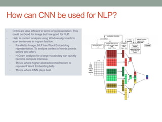 • CNNs are also efficient in terms of representation. This
could be Good for Image but how good for NLP.
• Help in context analysis using Windows Approach to
scan sentences in n-gram fashion.
• Parallel to Image, NLP has Word Embedding
representation. To analyze context of words (words
before and after).
• N-Gram analysis for a large vocabulary can quickly
become compute intensive.
• This is where higher abstraction mechanism to
represent Word Embedding help.
• This is where CNN plays best.
How can CNN be used for NLP?
 