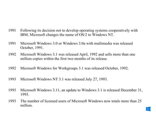 1991 Following its decision not to develop operating systems cooperatively with
IBM, Microsoft changes the name of OS/2 to Windows NT.
1991 Microsoft Windows 3.0 or Windows 3.0a with multimedia was released
October, 1991.
1992 Microsoft Windows 3.1 was released April, 1992 and sells more than one
million copies within the first two months of its release.
1992 Microsoft Windows for Workgroups 3.1 was released October, 1992.
1993 Microsoft Windows NT 3.1 was released July 27, 1993.
1993 Microsoft Windows 3.11, an update to Windows 3.1 is released December 31,
1993.
1993 The number of licensed users of Microsoft Windows now totals more than 25
million.
 