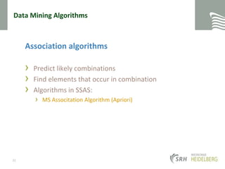 Data Mining AlgorithmsAssociation algorithmsPredict likely combinationsFind elements that occur in combinationAlgorithms in SSAS:MS Associtation Algorithm (Apriori)22