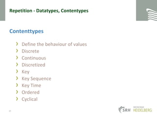 Repetition - Datatypes, ContentypesContenttypesDefinethebehaviour of valuesDiscreteContinuousDiscretizedKeyKey SequenceKey TimeOrderedCyclical29