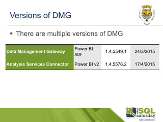 Versions of DMG
 There are multiple versions of DMG
Data Management Gateway
Power BI
ADF
1.4.5549.1 24/3/2015
Analysis Services Connector Power BI v2 1.4.5576.2 17/4/2015
 