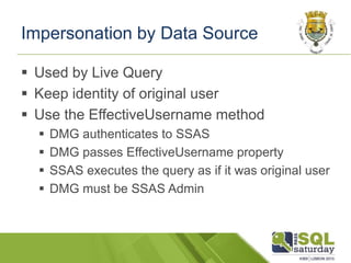 Impersonation by Data Source
 Used by Live Query
 Keep identity of original user
 Use the EffectiveUsername method
 DMG authenticates to SSAS
 DMG passes EffectiveUsername property
 SSAS executes the query as if it was original user
 DMG must be SSAS Admin
 